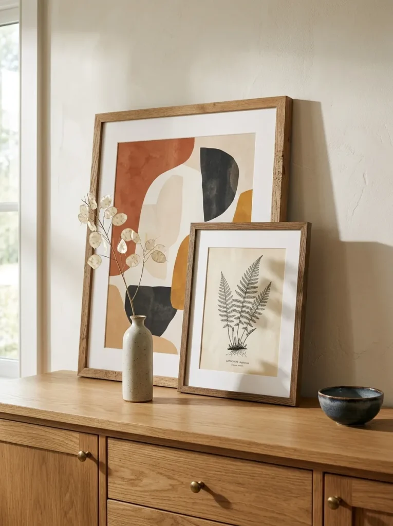 Oak sideboard with a large abstract print leaning against the wall, a smaller botanical frame overlapping in front, and a narrow bud vase with a dried stem beside them
