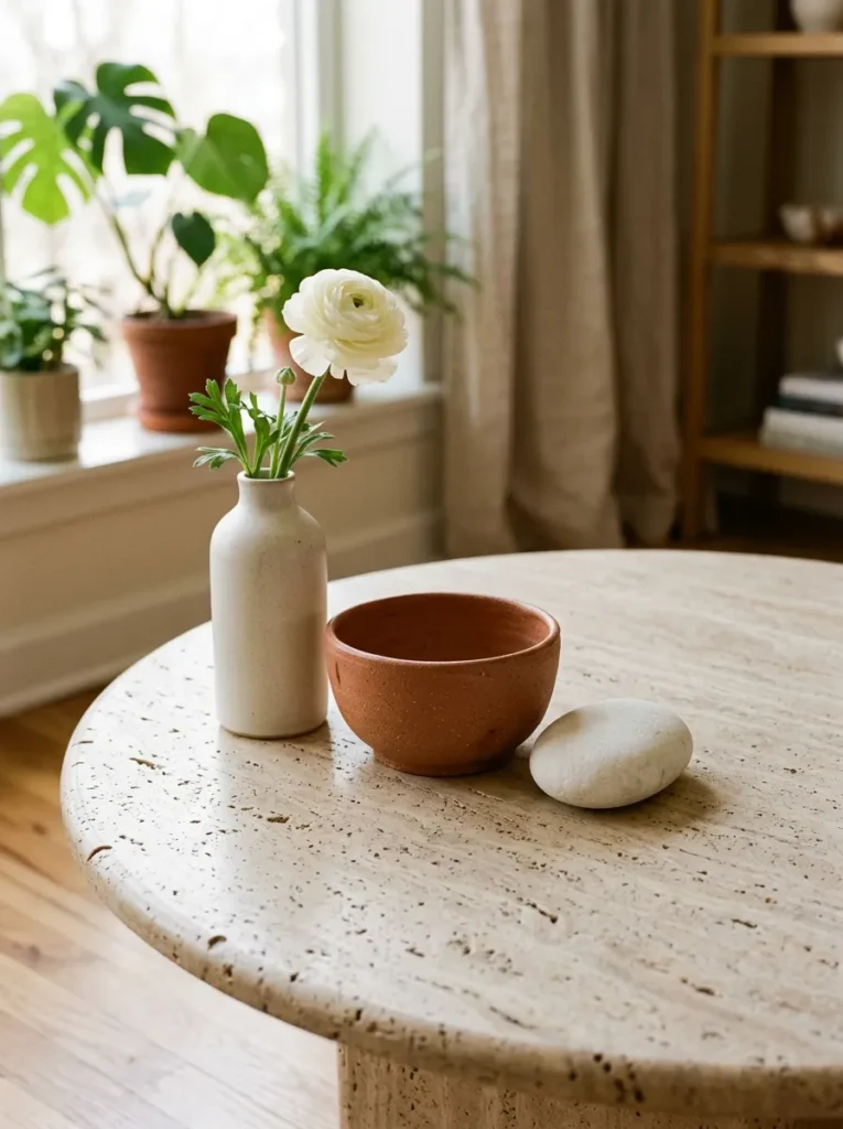 Three objects grouped on a travertine coffee table: a tall ceramic vase with a flower stem, a terracotta bowl, and a smooth stone
