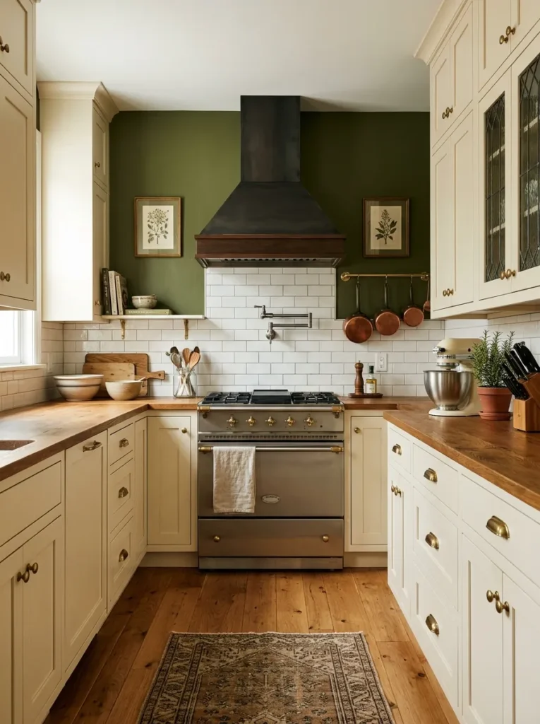 Deep olive green painted end wall behind range surrounded by cream shaker kitchen cabinets with brass hardware