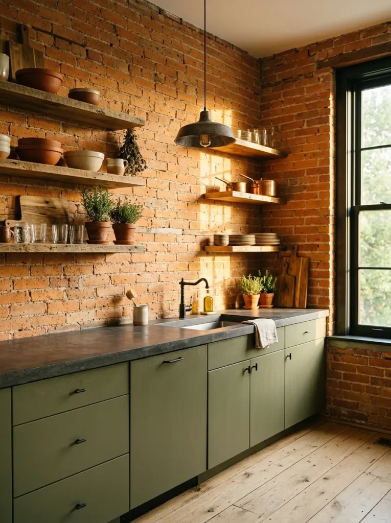 Olive green kitchen cabinets against an exposed brick wall with open wood shelving and a concrete countertop
