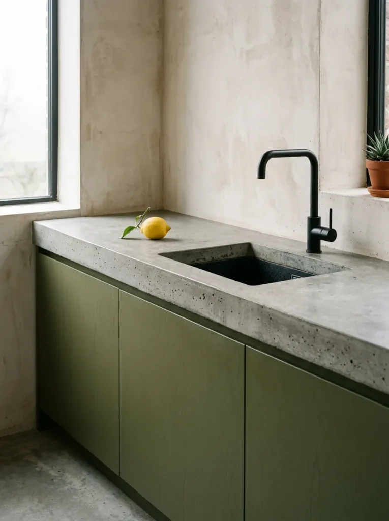 Olive green kitchen cabinets with a raw grey concrete countertop and matte black tap in diffused natural light