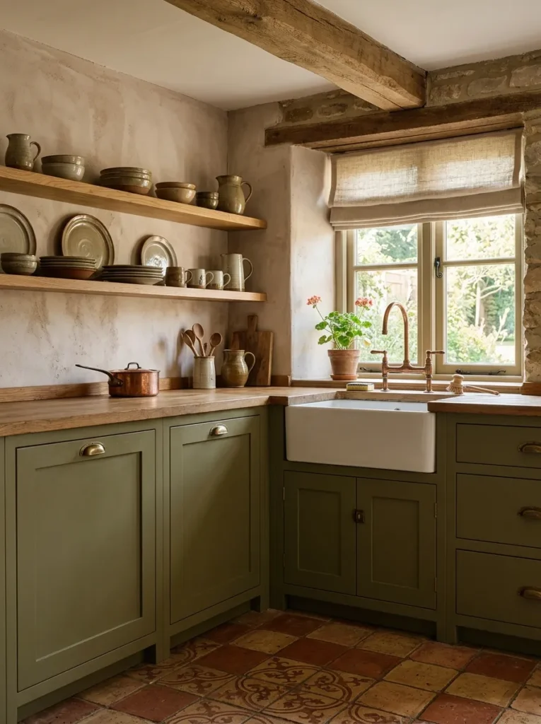 Olive green kitchen with terracotta floor tiles, open oak shelving, and copper fixtures in warm afternoon light

