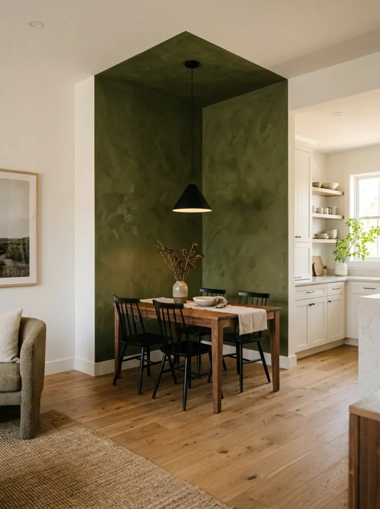 Deep olive green limewash plaster accent wall behind a walnut dining table in an open plan room with white surrounding walls and kitchen