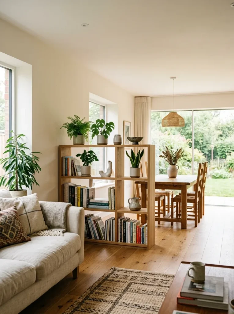Shoulder-height open bookcase positioned between living and dining zones in an open-plan room, with both areas visible through the shelves

