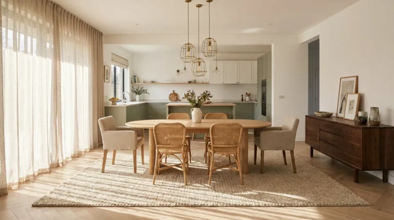 Open plan dining area with an oval oak table, rattan and linen chairs, brass pendant lights, and a walnut sideboard, with a sage green kitchen visible beyond