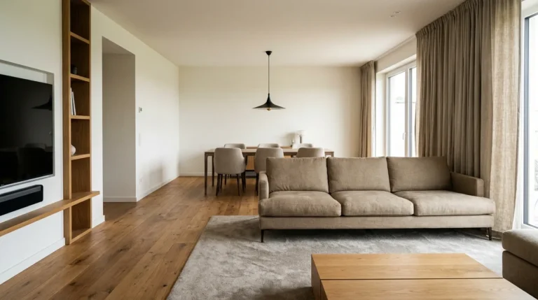 Open-concept living and dining room with a floating linen sofa, large area rug, oak flooring, and pendant light above the dining table