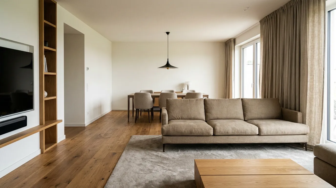 Open-concept living and dining room with a floating linen sofa, large area rug, oak flooring, and pendant light above the dining table