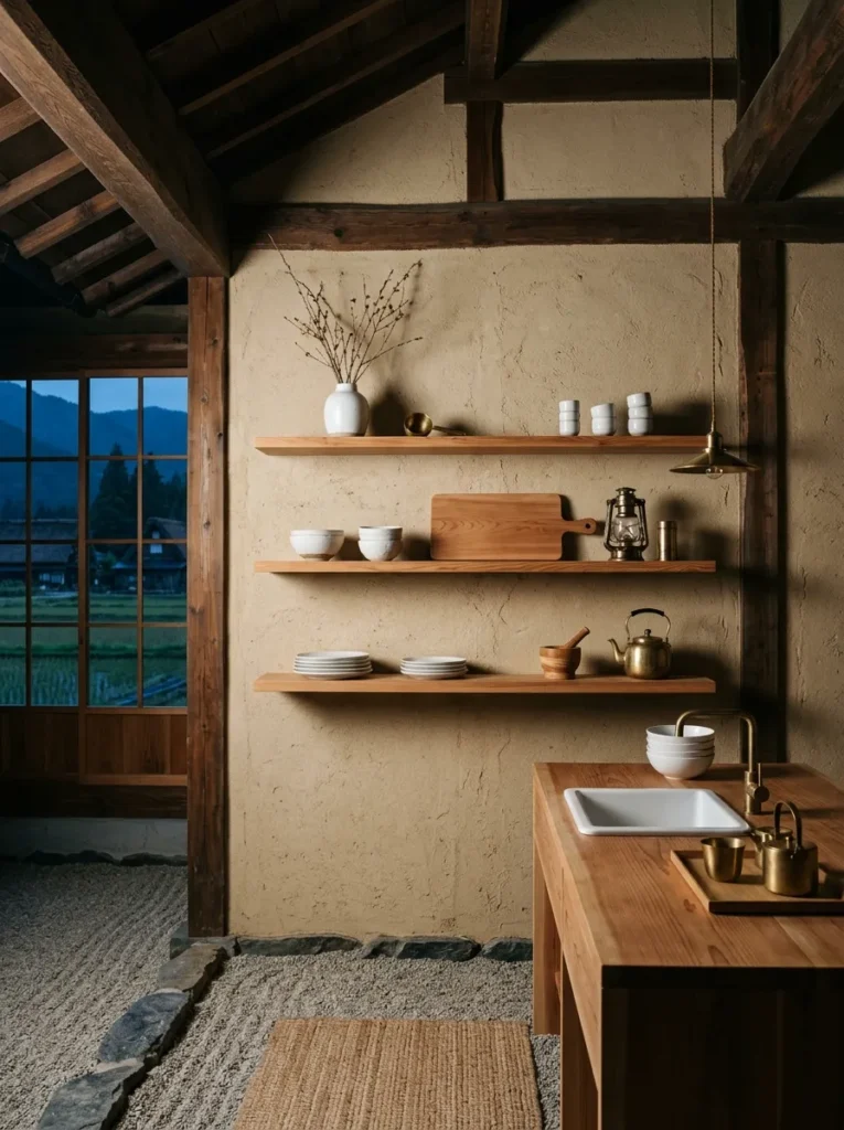 Three cedar floating shelves styled in only three tones — wood, white stoneware, and brass — in a Japanese kitchen.