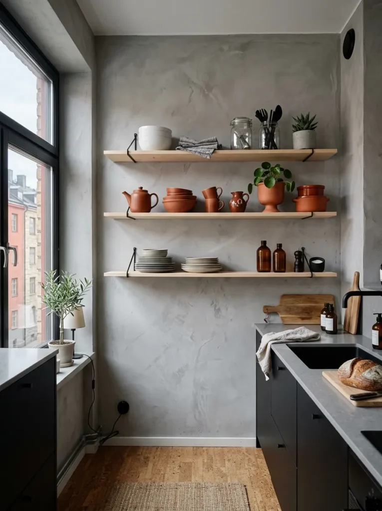 Three birch open kitchen shelves where the middle shelf holds only rust and terracotta ceramics in Stockholm.