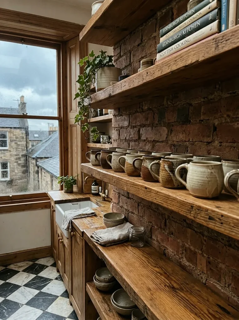 Thick reclaimed pine floating shelves with no visible brackets against bare brick in a Victorian Edinburgh kitchen.