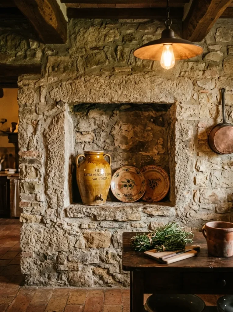 A deep recessed stone niche holding a single ceramic vessel and terracotta plates in a Tuscan farmhouse kitchen.