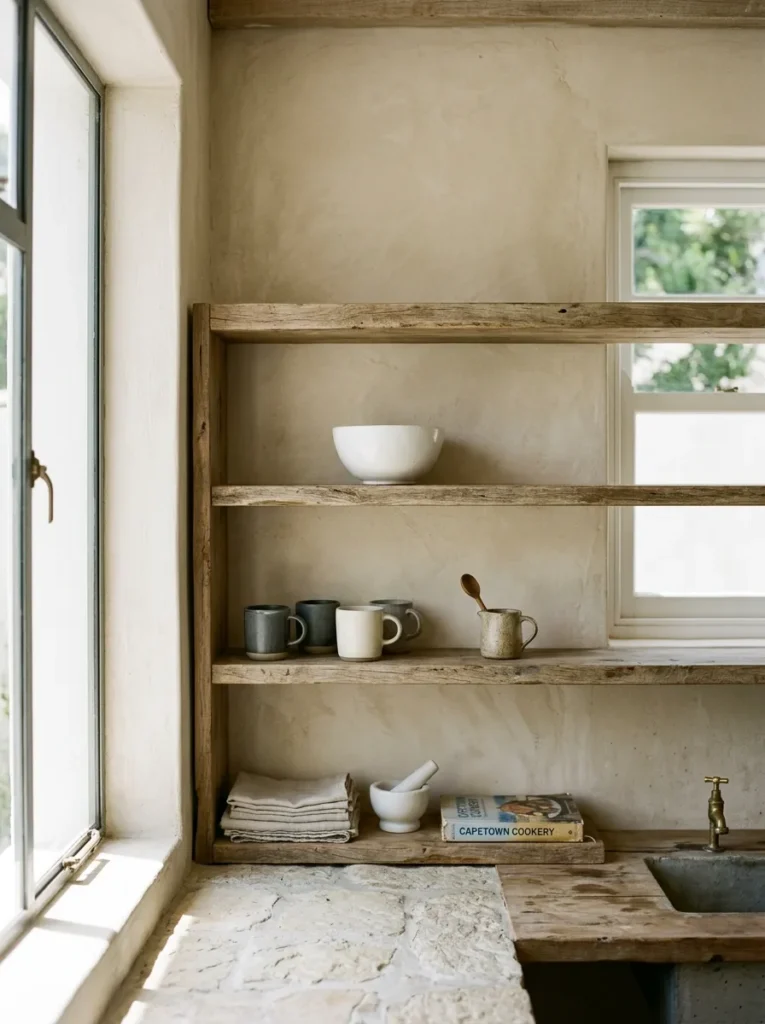 A single white ceramic bowl centred on an otherwise empty open kitchen shelf in a Cape Town minimalist kitchen.