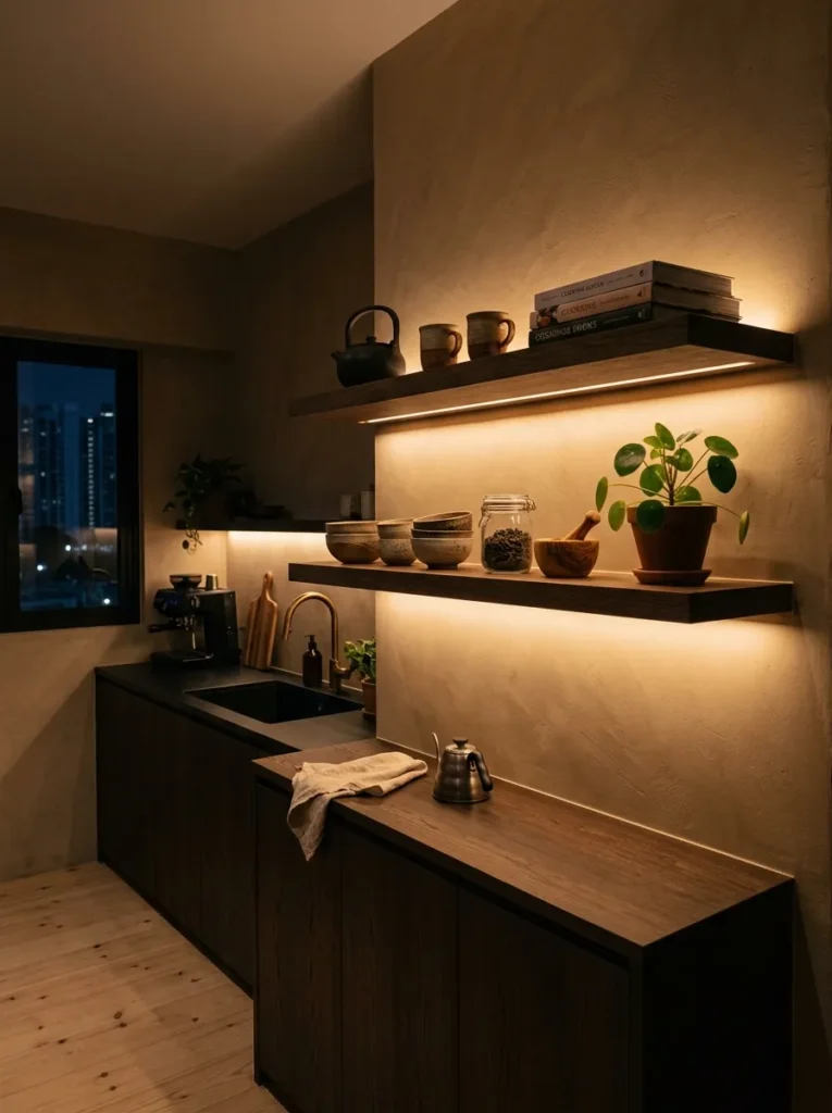 Smoked oak open kitchen shelves with warm LED under-shelf lighting glowing in a minimal Singapore apartment.