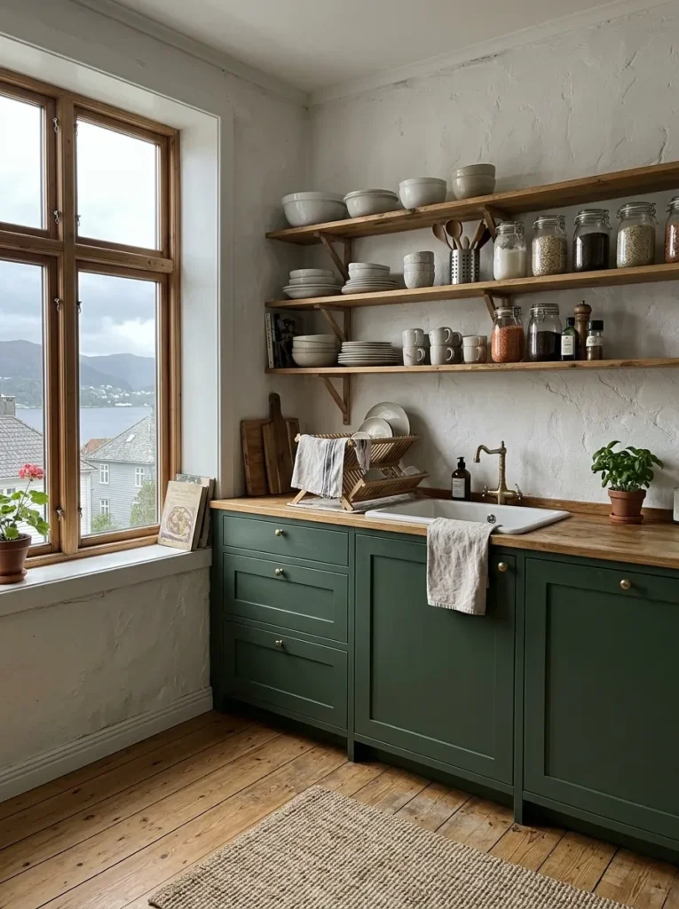 Open kitchen shelving replacing upper cabinets above intact green lower cabinets in a Scandi farmhouse kitchen.