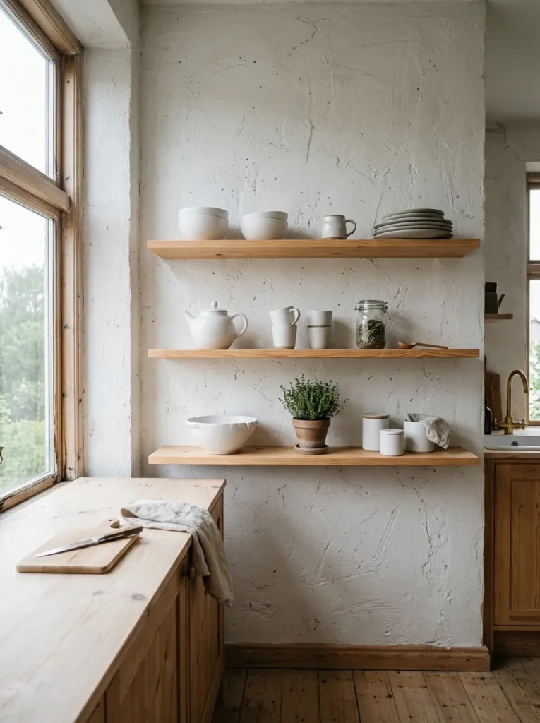 Three floating pine open shelves against textured white plaster wall in a coastal Gothenburg apartment kitchen.