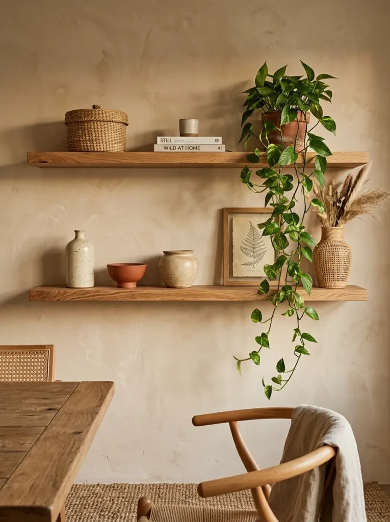 Two solid oak floating shelves in a boho dining room displaying ceramic vessels, a botanical print, and a trailing pothos plant
