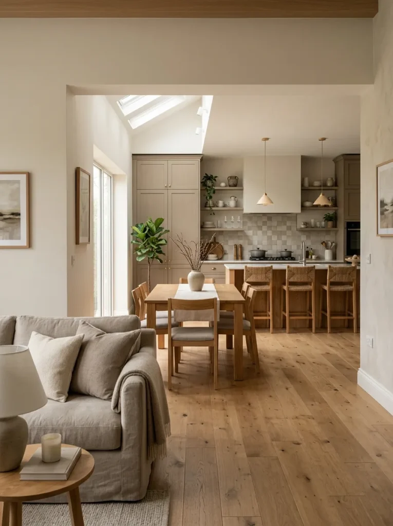 Open-plan living and kitchen area sharing a cohesive warm greige colour palette with tonal variation between the two zones
