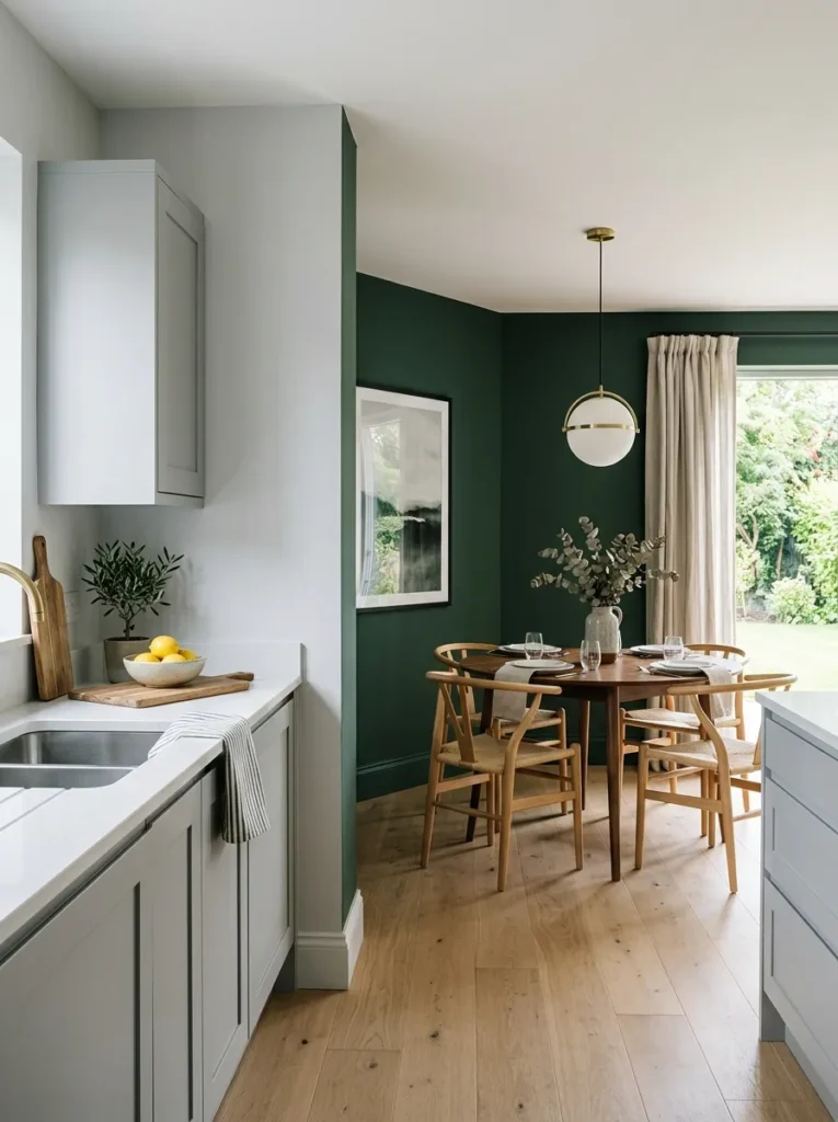 Open-plan interior showing a pale kitchen transitioning to a deep forest green dining area, with a pendant light marking the boundary
