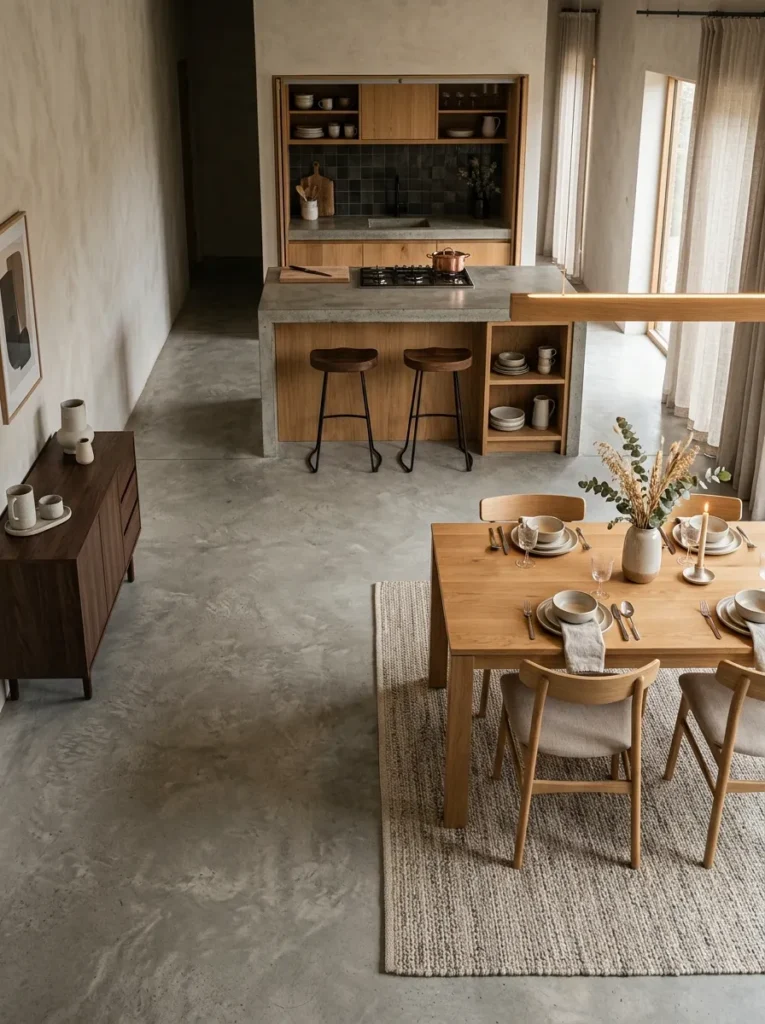 Open-plan kitchen-dining space with bare floor under the kitchen island and a flat-weave rug beginning at the dining table edge, creating a clear zone separation
