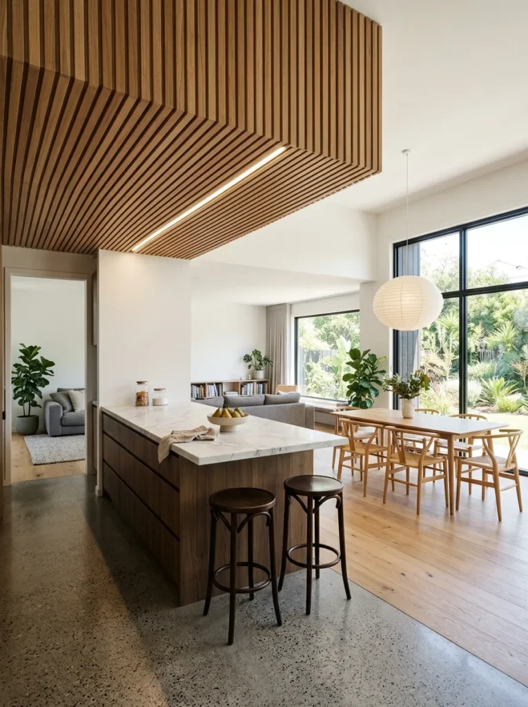 Open-plan kitchen with a timber batten ceiling defining the kitchen zone, transitioning to a higher ceiling and timber floor in the dining area beyond
