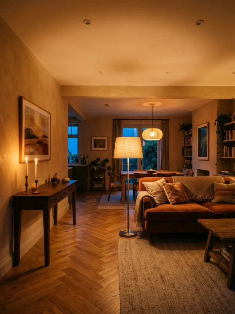 Open-plan living room in early evening with three lighting layers: dimmed recessed light, a floor lamp beside the sofa, and candles on the console
