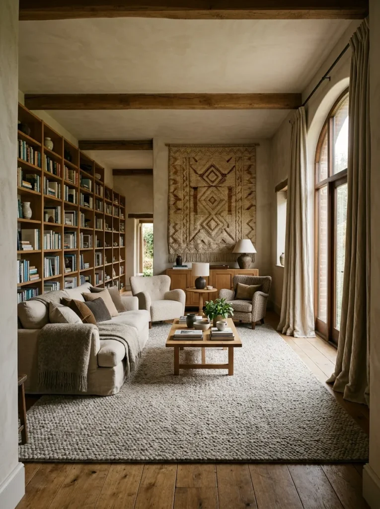 Open-plan living room with an oversized wool rug, deep upholstered sofa, linen curtains, and a full bookcase — all contributing to acoustic softness

