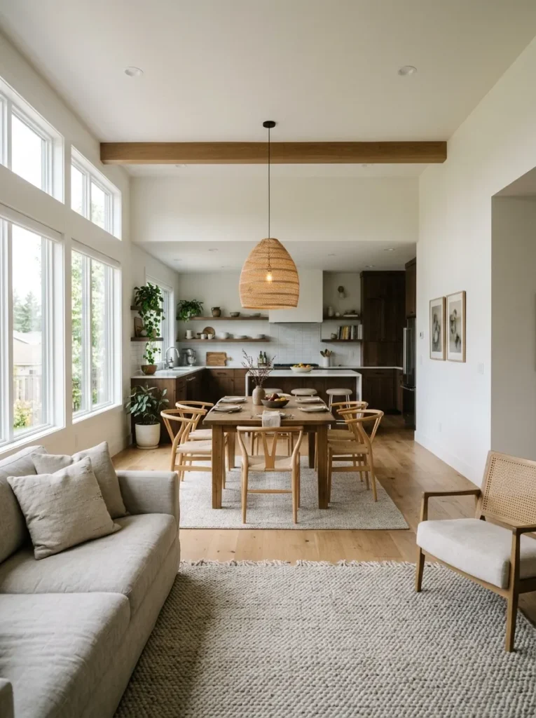 Open-plan kitchen-dining room with a pendant light positioned directly over the dining table, clearly anchoring the dining zone within the larger space