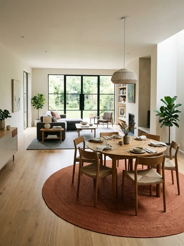 Open-plan space showing a round terracotta rug defining the dining zone in the foreground and a separate grey rectangular rug marking the living area behind
