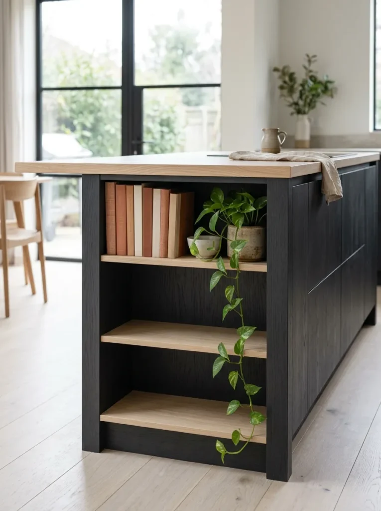 Kitchen island with one open shelving end displaying cookbooks and a ceramic bowl