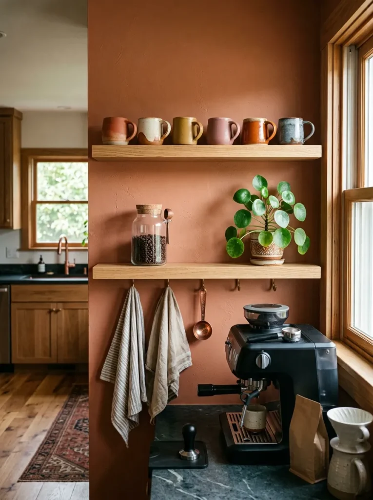 Wall-mounted open shelves displaying a curated handmade ceramic mug collection above a coffee maker