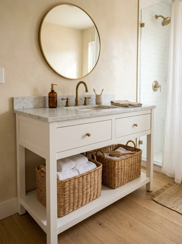 White bathroom vanity with open lower shelf holding rattan baskets and neatly folded towels
