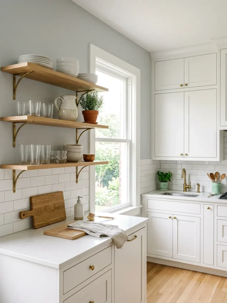 L-shaped kitchen with open oak shelves on one arm displaying dishes and herbs, closed cabinets on the other
