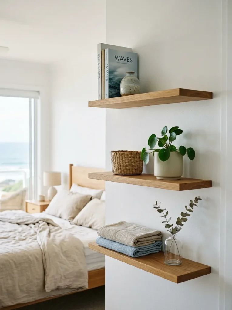 Open oak shelves in a coastal bedroom sparsely styled with a few ceramics, a plant, woven basket, and folded linens with generous negative space
