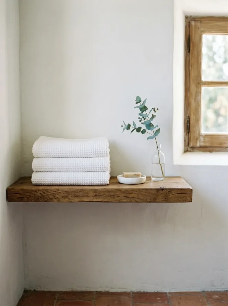Bathroom open shelving with tightly edited white towels and minimal accessories