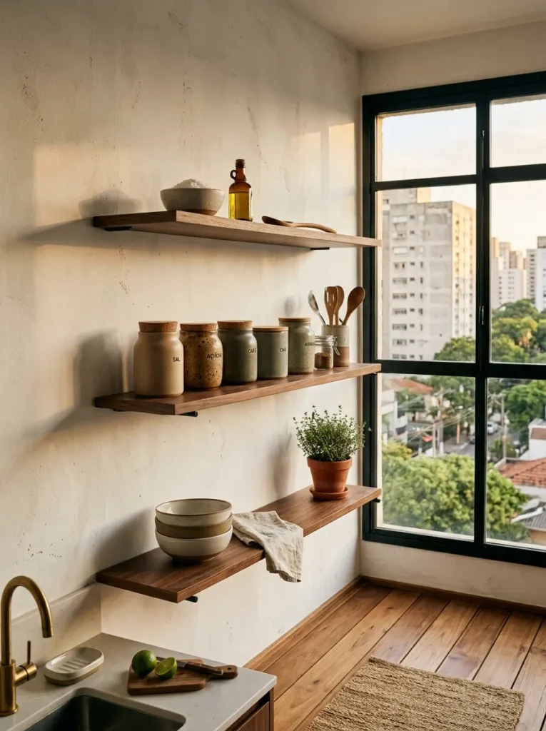 Smoked walnut open kitchen shelves on slim blackened steel rod brackets against a limewashed wall in São Paulo.