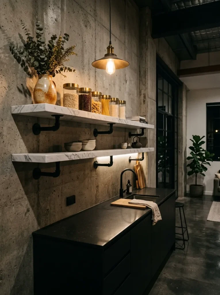 Thick honed Calacatta marble floating shelves cantilevered from exposed concrete in a Melbourne warehouse kitchen.