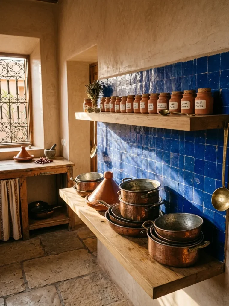 Two shelves at contrasting depths holding copper pots and spice jars against a zellige tile kitchen splashback.