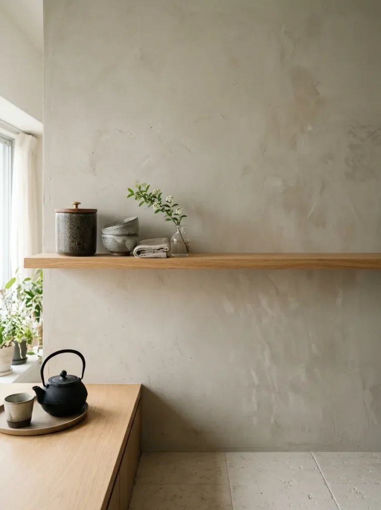 Single open kitchen shelf with five objects and generous empty space in a minimal Tokyo apartment kitchen.