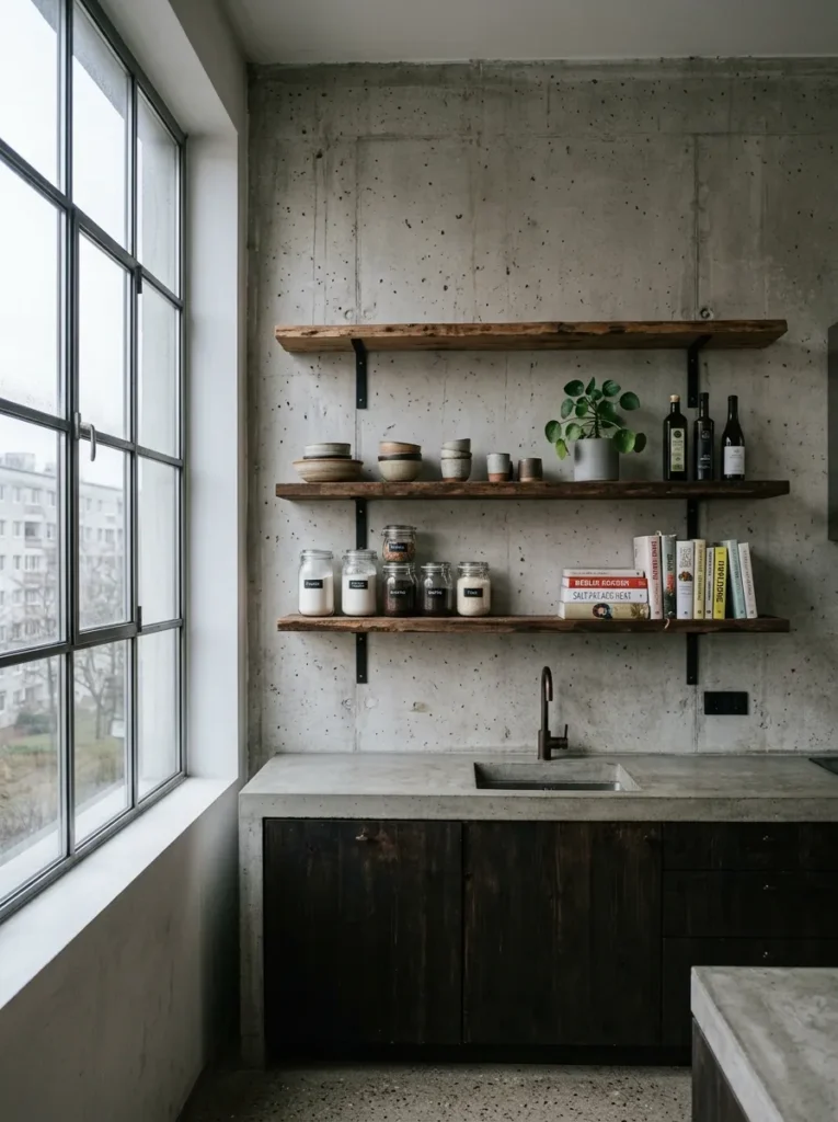 Three open kitchen shelves with the topmost shelf deliberately left empty against exposed concrete in Berlin.