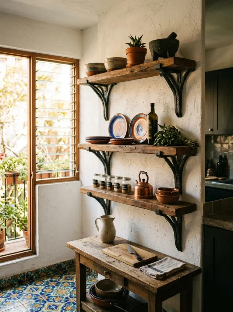 Hand-forged matte black iron Y-bracket open shelves in aged mesquite in a Mexico City apartment kitchen.