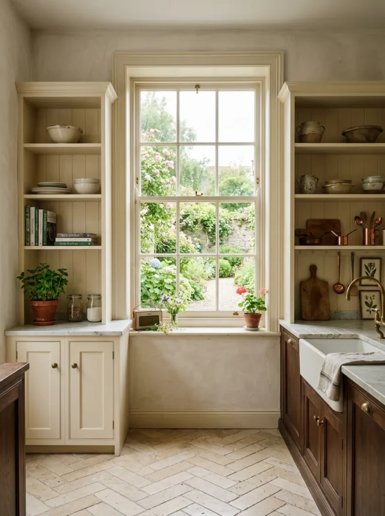 Two cream painted open shelves flanking a casement window in a Georgian Dublin kitchen with limestone floors.
