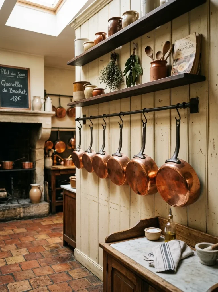 Wrought iron pot rail below a floating shelf holding copper pans in graduated sizes in a French bistro kitchen.
