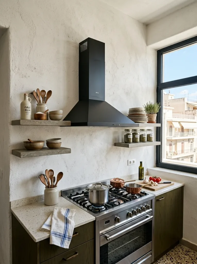Two stone open shelves flanking a matte black range hood above a professional hob in an Athens kitchen.