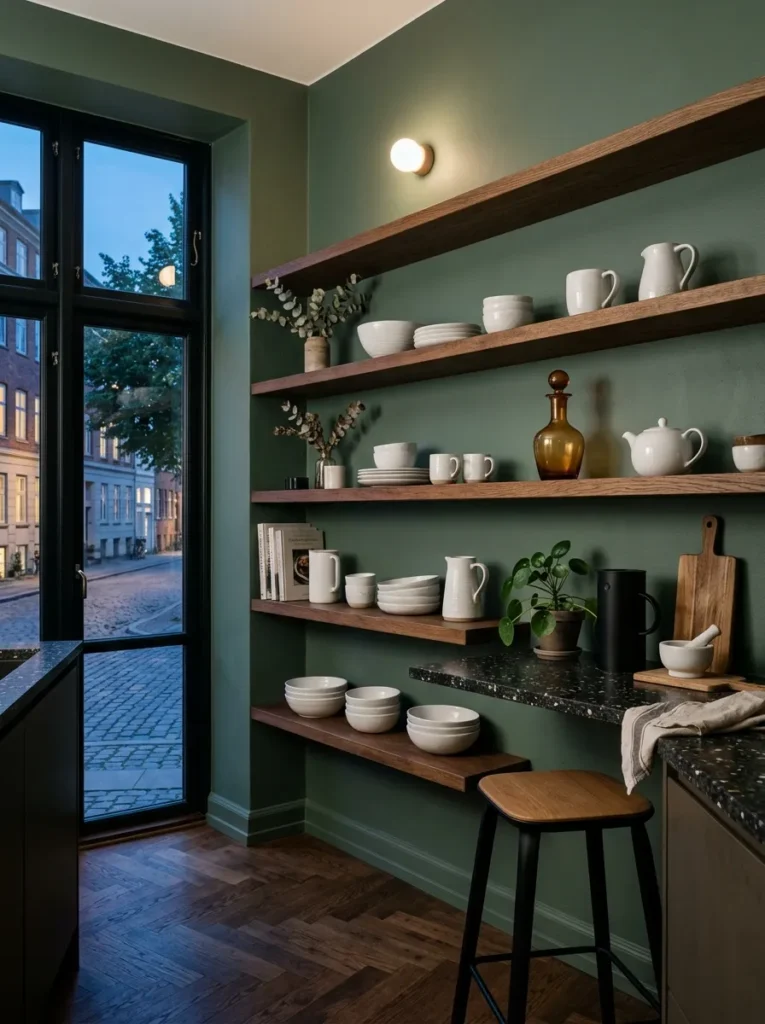 Smoked oak open kitchen shelves against a deep sage green wall in a contemporary Copenhagen apartment kitchen.