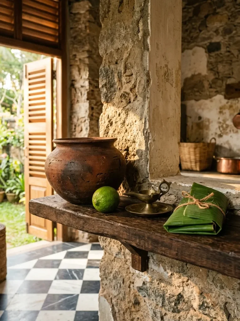 Single earthenware pot styled as a still life on a stone shelf against lime plaster in a Colombo colonial kitchen.