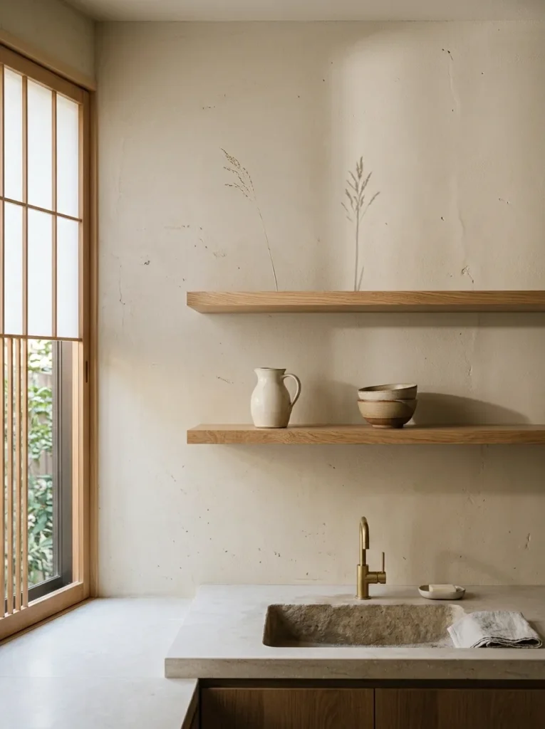 Two sparse floating white oak shelves above a stone sink in a minimal Japandi kitchen with clay plaster walls.
