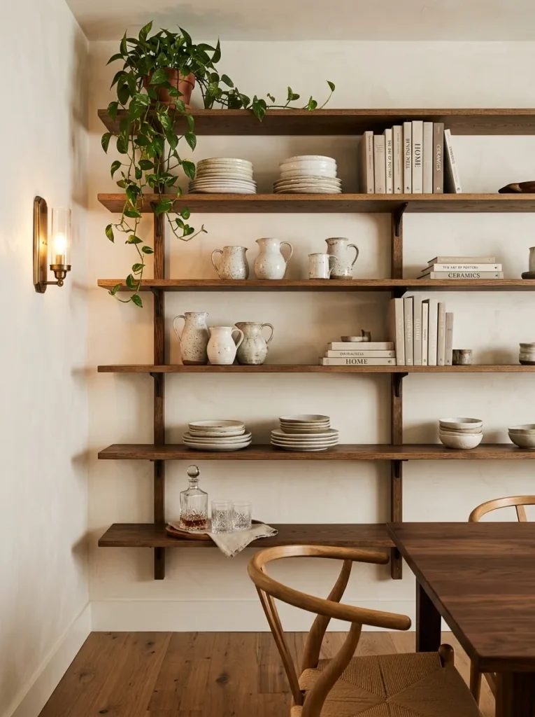 Floor-to-ceiling smoked oak open shelving in a dining room styled with stacked plates, ceramics, books, and a trailing plant
