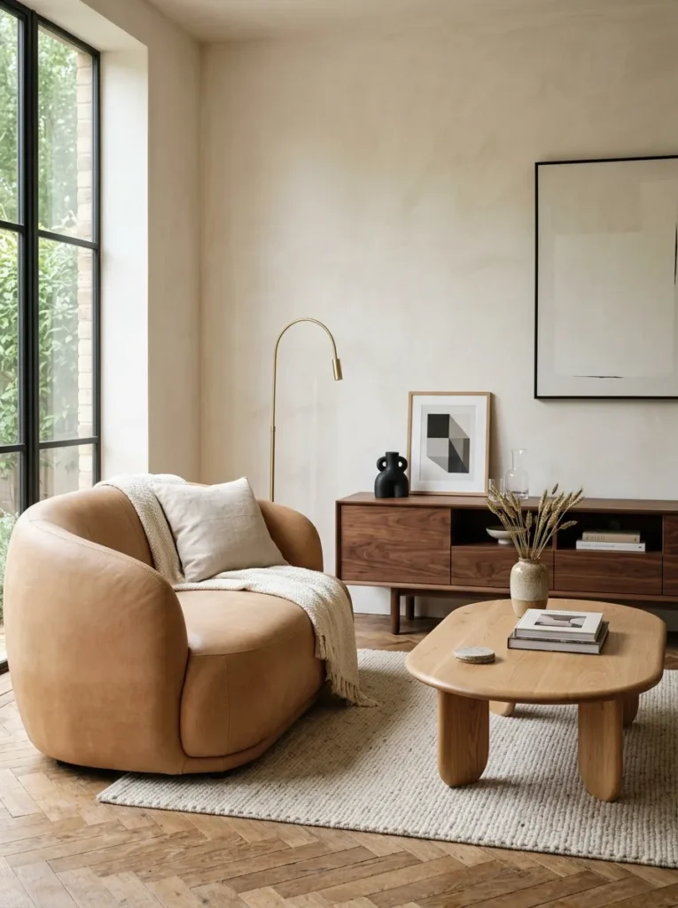 Living room with a mix of organic and structured furniture forms — a rounded matte leather lounge chair, an oval oak coffee table, and a structured console