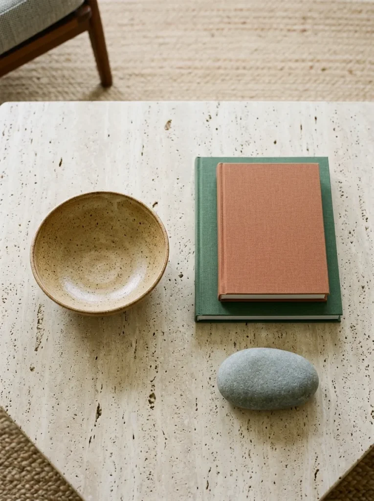 Travertine coffee table with only three objects — a ceramic bowl, two stacked books, and a stone — visible from directly above with clear space between each