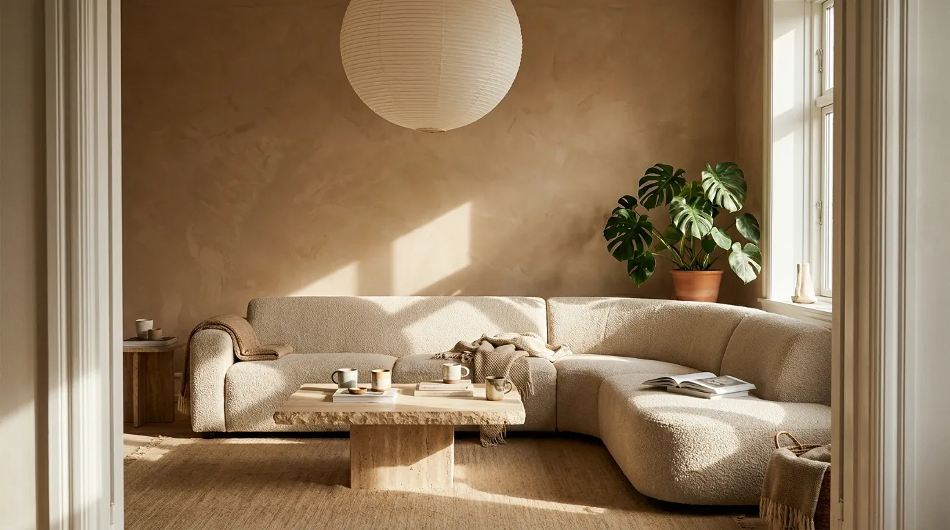 Organic modern living room with a curved oatmeal bouclé sofa, rough travertine coffee table, clay limewash wall, and a large monstera in afternoon light